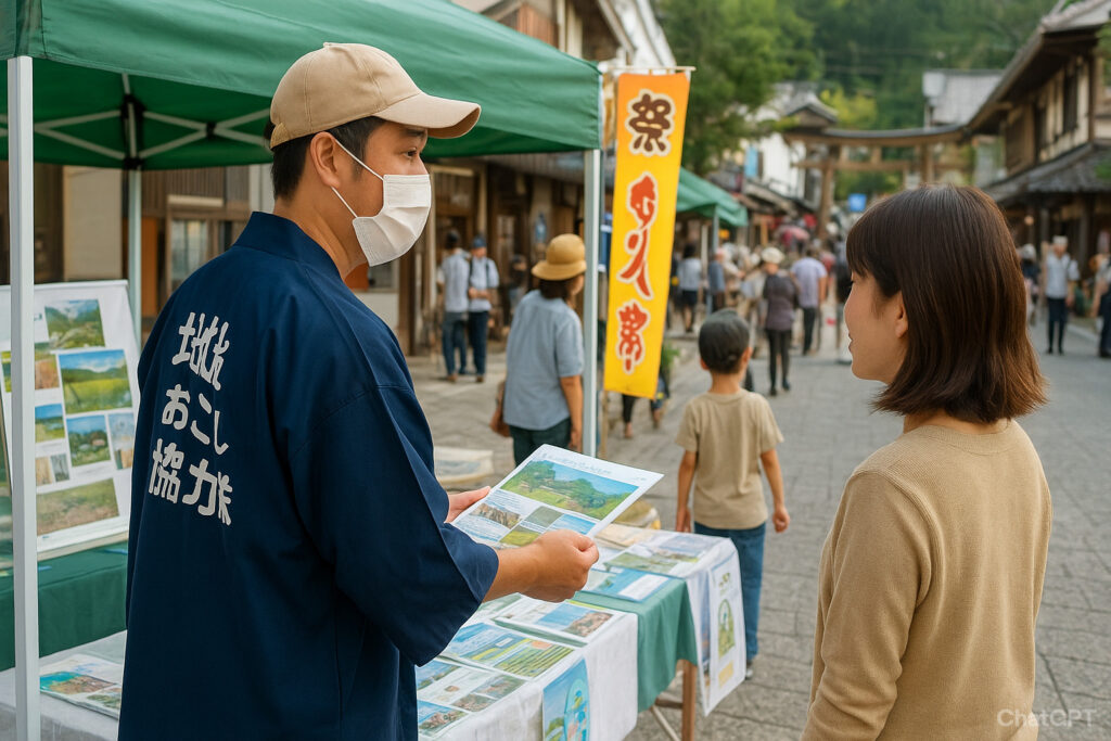 地域おこし協力隊のスタッフがブースでパンフレットを手渡しながら来場者と交流している。背景には地域の建物やイベントの様子が見える。