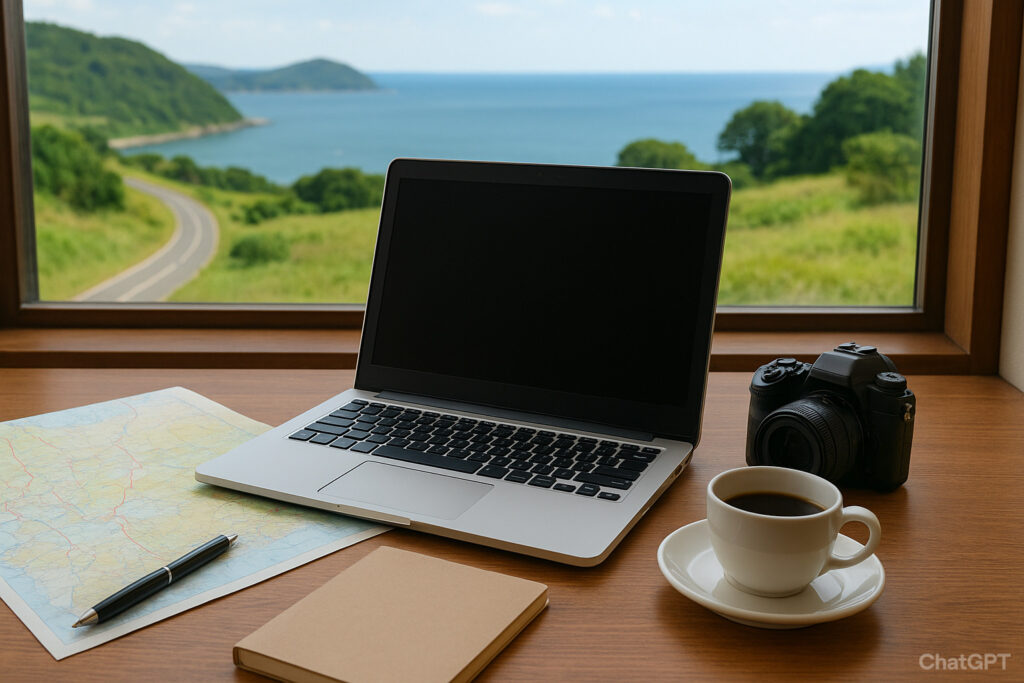 デスクにノートパソコンと書類が置かれ、横に地図やカメラ、コーヒーカップが並ぶ。窓の外に海や山の景色が見える、仕事と旅を両立するイメージ。