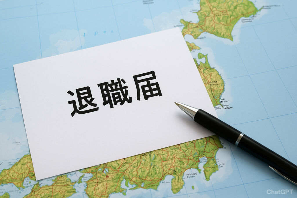 日本地図の上に置かれた退職届とペン
