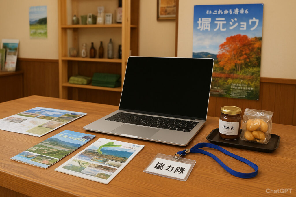 観光施設のカウンターに置かれたノートパソコン、観光パンフレット、特産品、協力隊の名札。背景に棚や地域のポスターが見える。