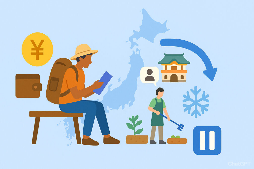 日本地図上の旅ルートで休憩中の旅人がバイトしている様子を図解し、矢印で旅再開の流れを示したイメージ。