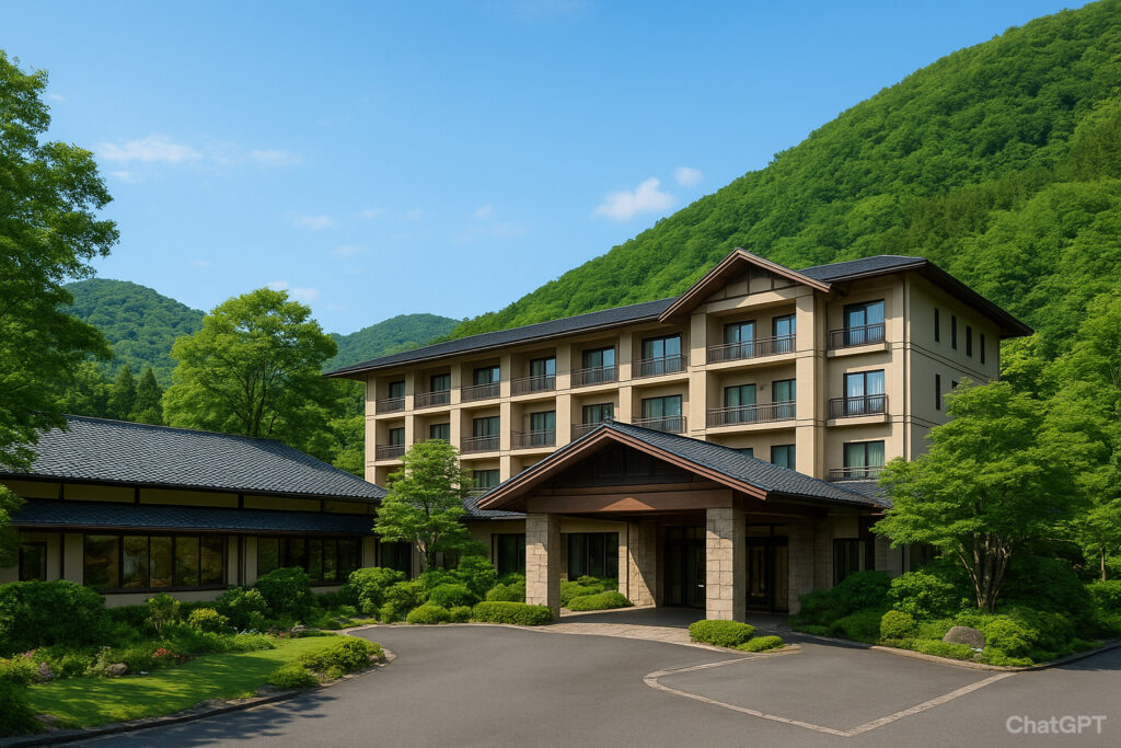 緑豊かな山々に囲まれたリゾートホテルの外観。青空の下、和モダンな建物が自然と調和して建っている。