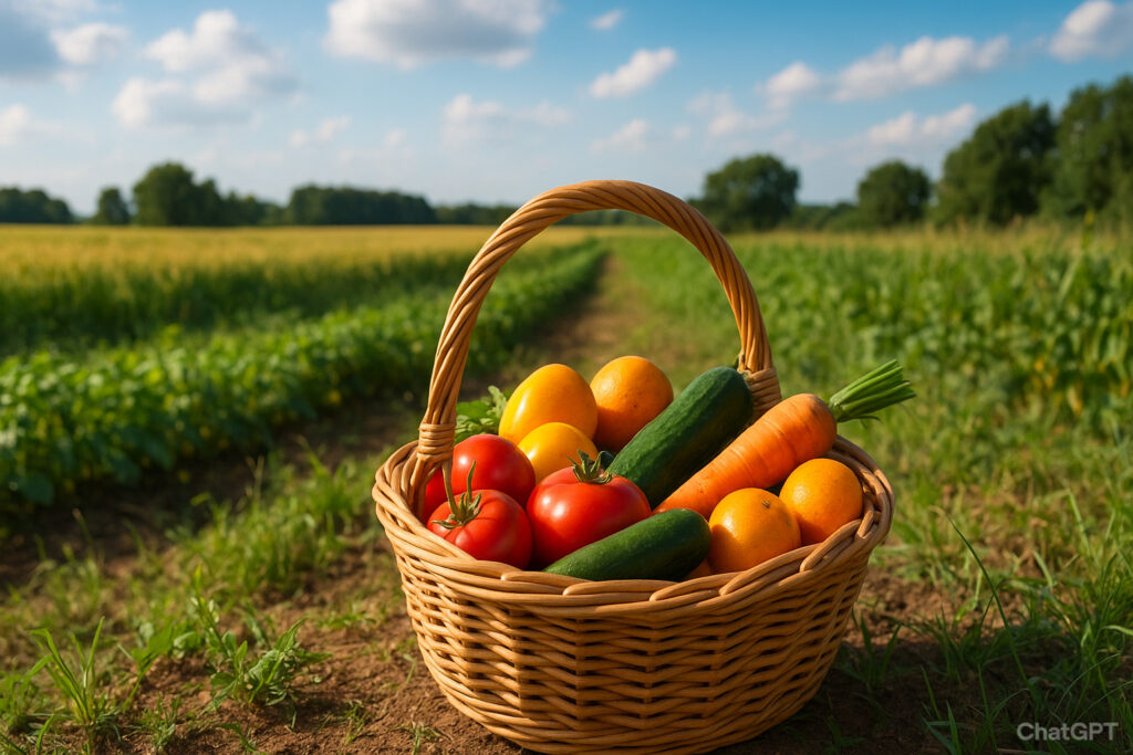 収穫物が入ったかごが自然の中に置かれている風景。