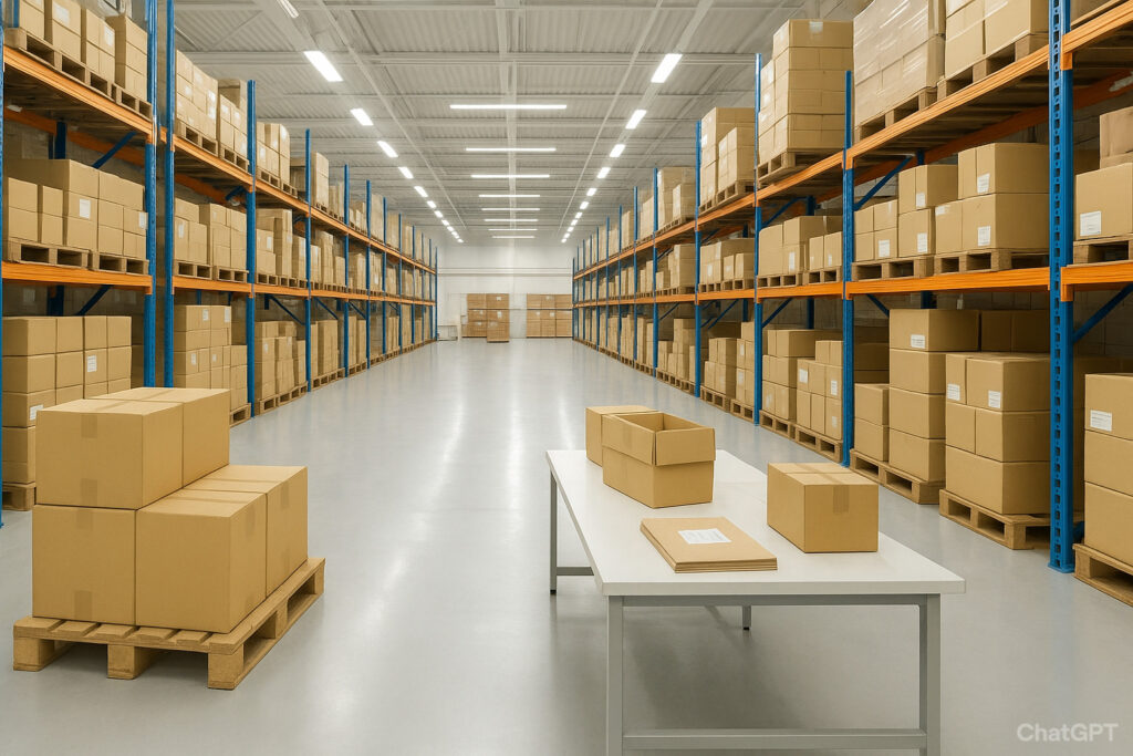 大きくて清潔な物流センターの内部。整然と並ぶ段ボールやパレットが広がり、明るい照明が差し込む通路が奥まで続く。