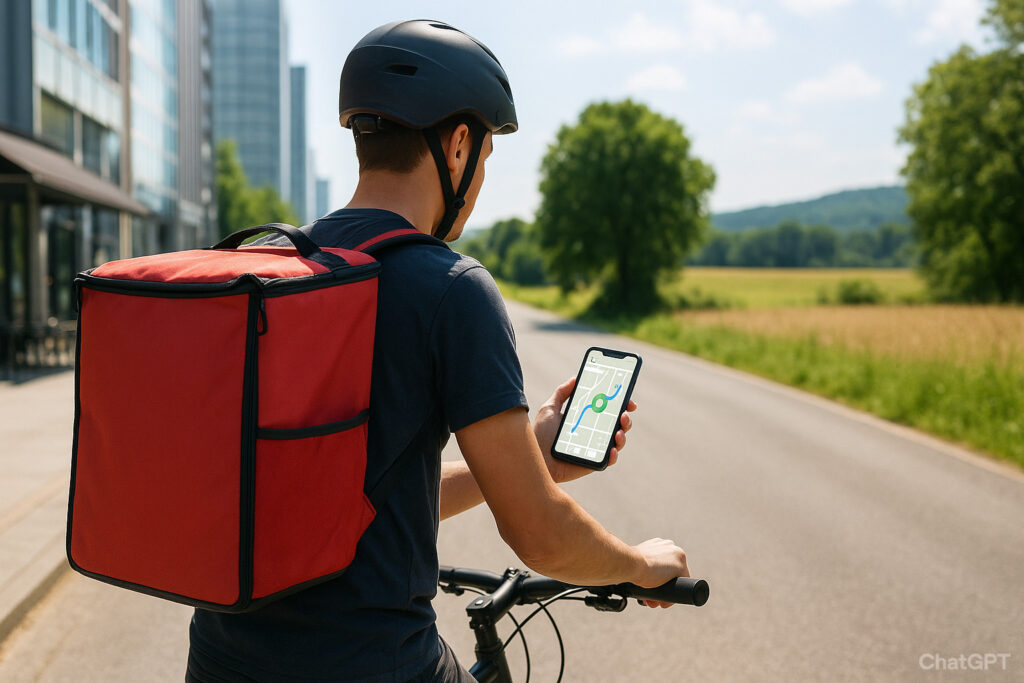 赤い配達バッグを背負った自転車の配達員が、都市部から田舎道へ続く道路でスマホの地図アプリを確認している後ろ姿。