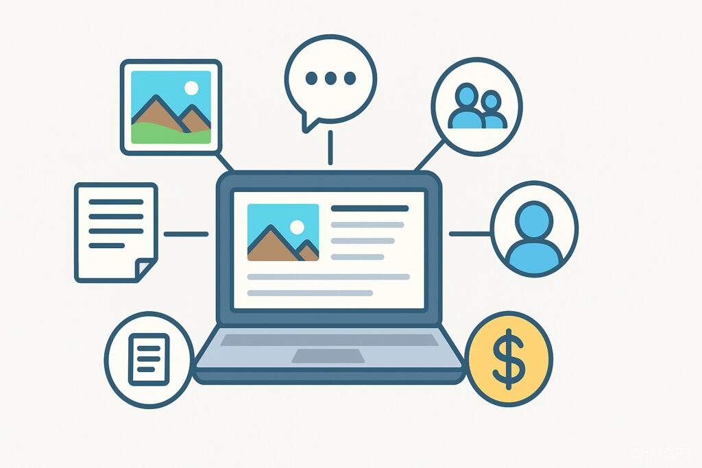 ノートパソコンの画面から吹き出しのように広がるアイコンを描いたイラスト。写真、文章、コメント、人、地球、ドル記号などのアイコンが配置され、ブログ発信による記録・交流・収益化・情報拡散を表現している。