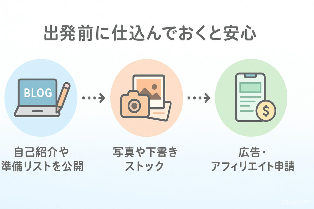 白からパステルブルーのグラデーション背景に、3つの丸が横並びで矢印でつながれた図。左は水色の丸にBLOGと鉛筆のPCアイコン、中央はオレンジの丸にカメラと写真、右は緑の丸に広告表示のあるスマホとコイン。各丸の下に説明文が添えられている。