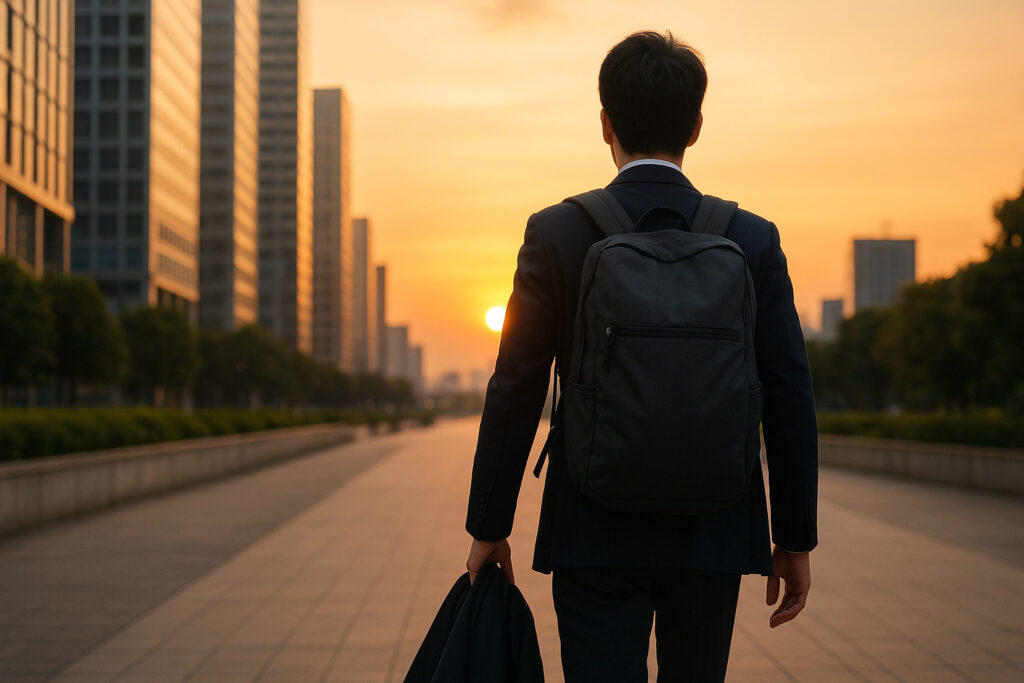 夕日を背景に、スーツ姿でリュックを背負い、ジャケットを手に持って歩き出す男性の後ろ姿
