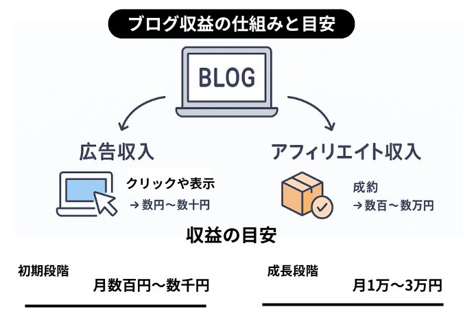 ブログ収益の仕組みを示す図解。中央のブログから広告収入(クリックや表示で数円〜数十円)とアフィリエイト収入(成約で数百円〜数万円)に分かれ、下に収益の目安が書かれてる。