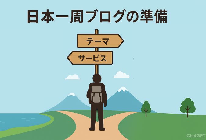 日本一周ブログの準備を示すインフォグラフィック。一本道の中央に看板が立ち、左に『テーマ』、右に『サービス』の道が分かれている。