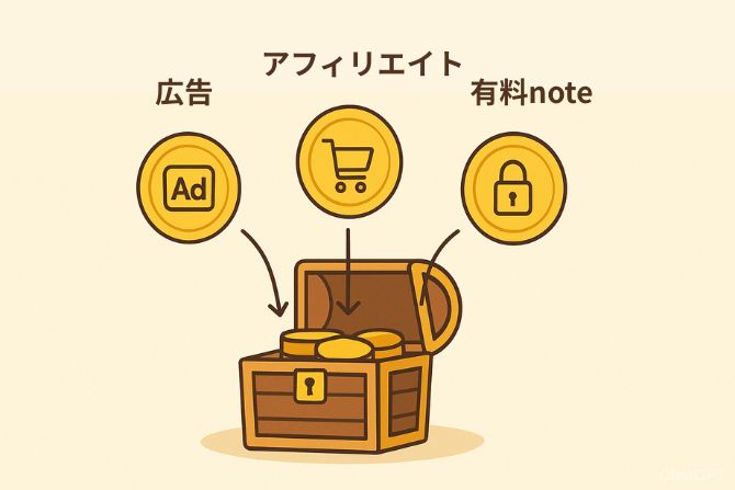 宝箱にコインが集まるイラスト。広告、ショッピングカート、有料記事を表す3種類のコインが矢印で宝箱に落ちていく様子を描き、日本一周ブログで収益を得る方法を表現している。