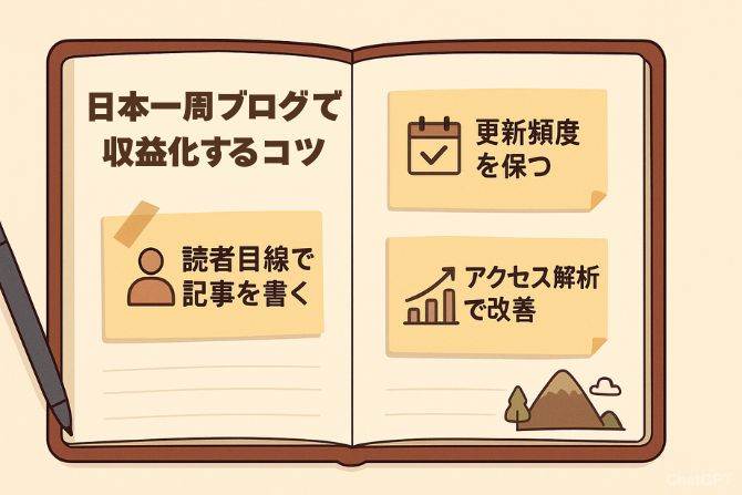 日本一周ブログで収益化するコツを紹介する旅ノート風イラスト。見開きノートに『読者目線で記事を書く』『更新頻度を保つ』『アクセス解析で改善』の3つのポイントが付箋風に描かれている。