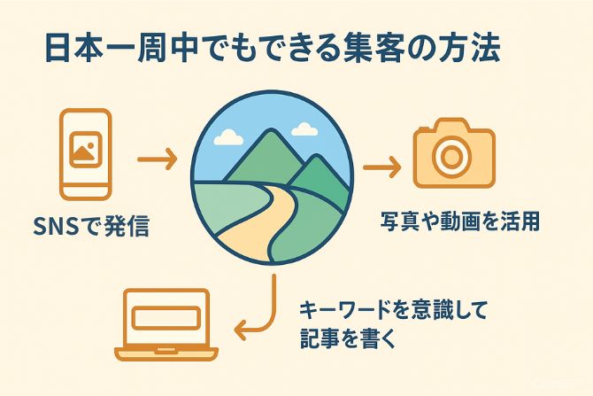 日本一周中でもできる集客方法を示すインフォグラフィック。
中央に山と道の風景、その周りに「SNSで発信」「写真や動画を活用」「キーワードを意識して記事を書く」の3要素がアイコン付きで描かれている。
