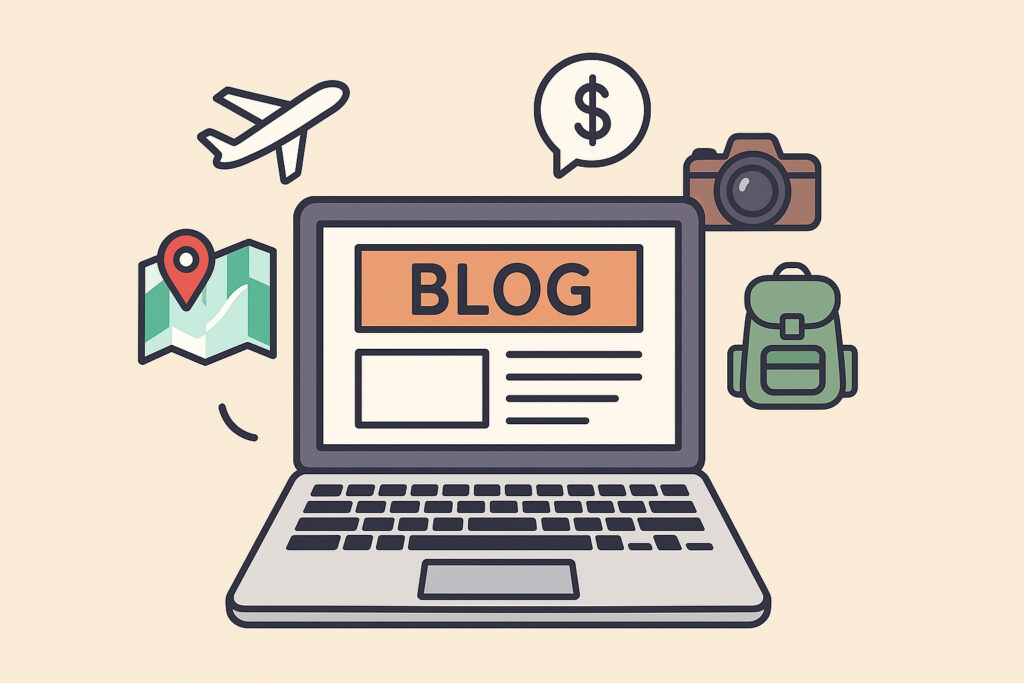 ノートパソコンの画面に「BLOG」と表示され、周囲に地図、飛行機、カメラ、リュックなど旅を象徴するアイコンが並ぶイラスト。日本一周前のブログ開設や収益準備をイメージしたデザイン。