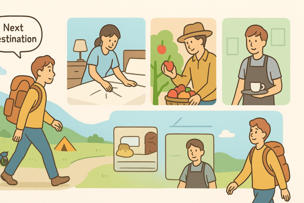旅人がバックパックを背負って歩きながら、旅先で短期バイトをする様子を描いたフラットイラスト。ホテル清掃、果物収穫、カフェ勤務のシーンが並び、旅と仕事を両立する雰囲気を表している。