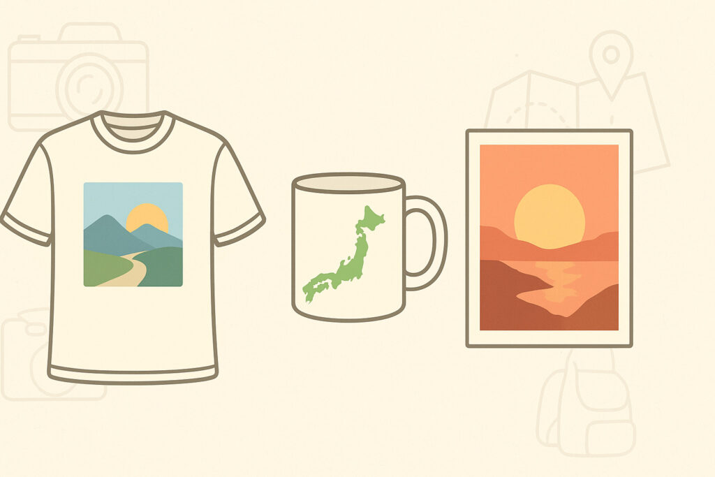 旅の思い出を形にしたオリジナルグッズのイラスト。Tシャツ、マグカップ、ポスターが横に並び、背景にカメラや地図など旅を連想させる淡い線画が描かれている。
