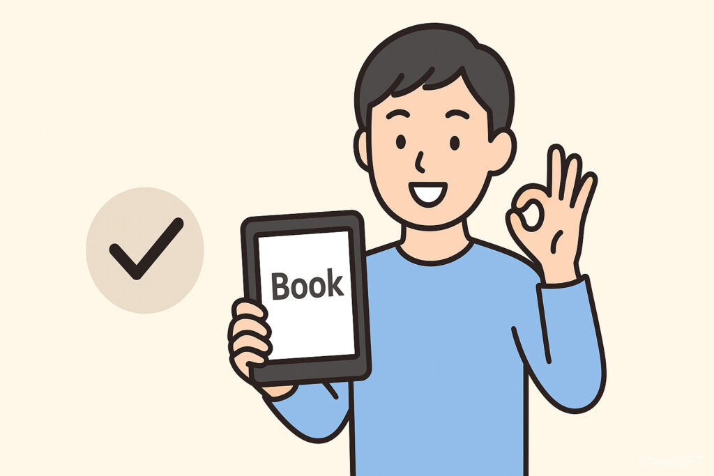 笑顔の人物が電子書籍リーダーを持ち、もう一方の手でOKサインをしているイラスト。画面には“Book”と表示されている。