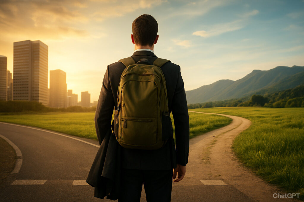 交差点に立つ後ろ姿の人物。左はビル街、右は自然。片手にスーツ、背中にバックパック。光は旅の方向から差し込む。