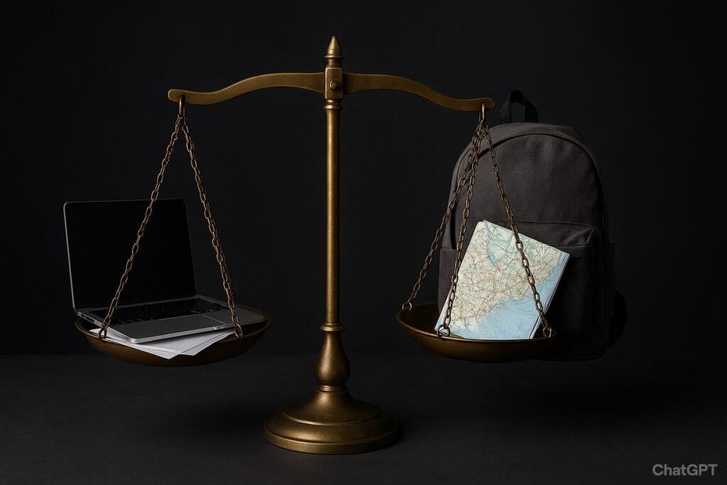 天秤の片方にノートパソコンと書類、もう片方にバックパックと地図が置かれている。仕事と旅のどちらを選ぶかを象徴的に表したイメージ