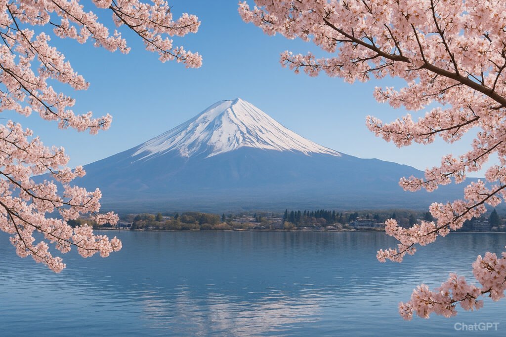 満開の桜越しに湖と雪化粧した富士山を望む風景。
