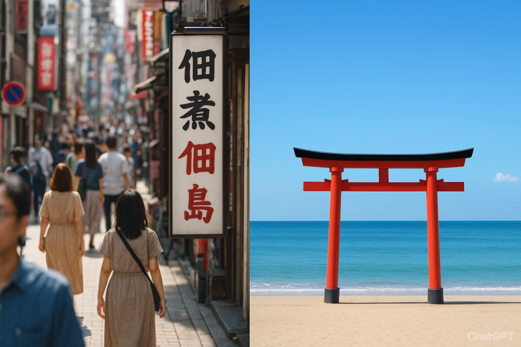 左側は人や看板が多く写り込んだ雑多な街の写真、右側は青空と海を背景に赤い鳥居が主題として写るシンプルな風景写真