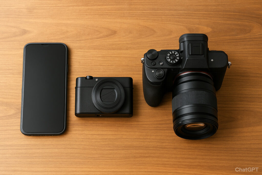 木の机の上に、スマートフォン、小型デジタルカメラ、ミラーレス一眼カメラが横に並んでいる。