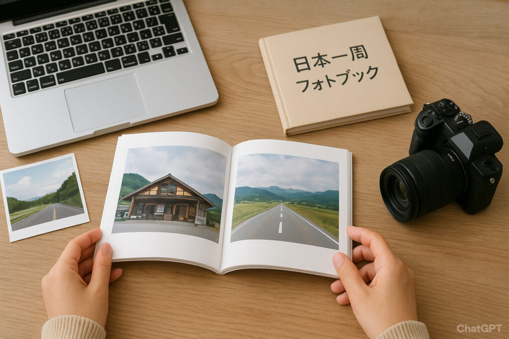 木のテーブルの上で、日本一周フォトブックを開いて眺める手元。周囲にはノートパソコン、カメラ、プリント写真が並び、旅の記録をまとめている様子。