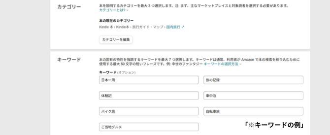 Kindle出版で本を見つけてもらうためのキーワード欄の例を示した画面。