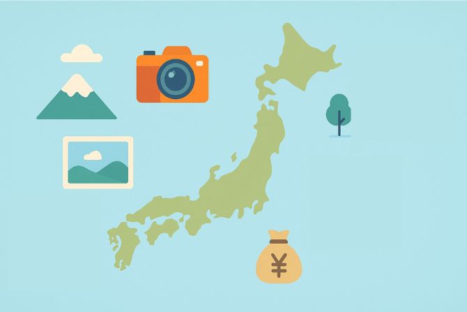 日本地図を背景に、カメラや写真、自然などのアイコンが散りばめられたイラスト。