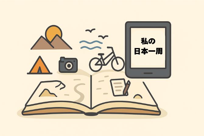 開かれた本の上に、山やテント、自転車、カメラ、ノートなど旅を象徴するアイコンが浮かび、右上に「私の日本一周」と表示された電子書籍端末が描かれたイラスト。旅の思い出を本にまとめるイメージを表現している。