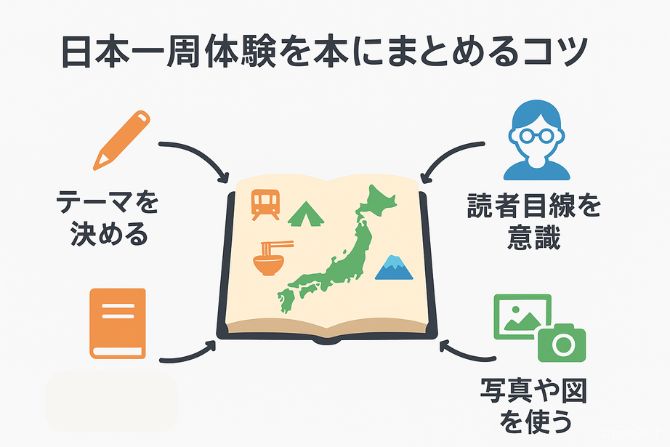 日本一周体験を本にまとめるコツを示したインフォグラフィック。中央に日本地図と旅のアイコンが描かれた本があり、周囲に『テーマを決める』(鉛筆と本のアイコン)、『読者目線を意識』(眼鏡の人物アイコン)、『写真や図を使う』(カメラと写真のアイコン)が配置されている。