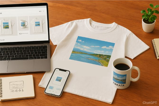 木のデスクの上に、旅の風景をデザインしたTシャツとマグカップ、ノートパソコン、スマホ、ノート、コーヒーが並んでいる。旅の思い出をグッズとしてデザイン・販売している様子。