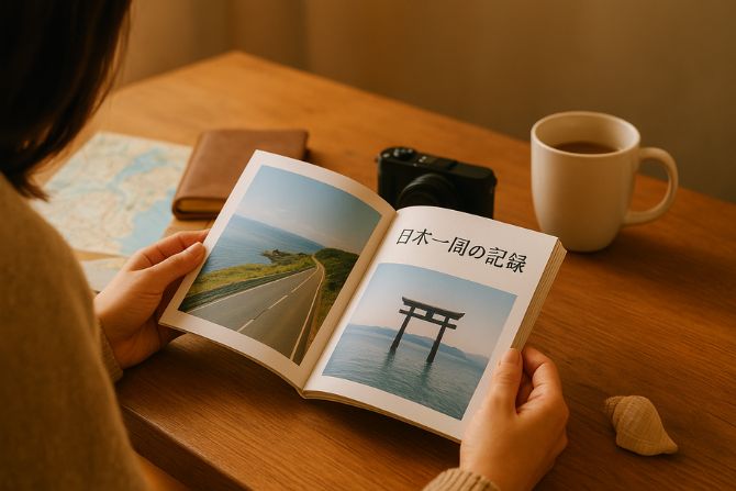夕焼けの光が差し込む部屋で、机の上にフォトブックとカメラ、マグカップなどが置かれている。フォトブックには「日本一周の記録」と書かれ、旅の写真が並んでいる。