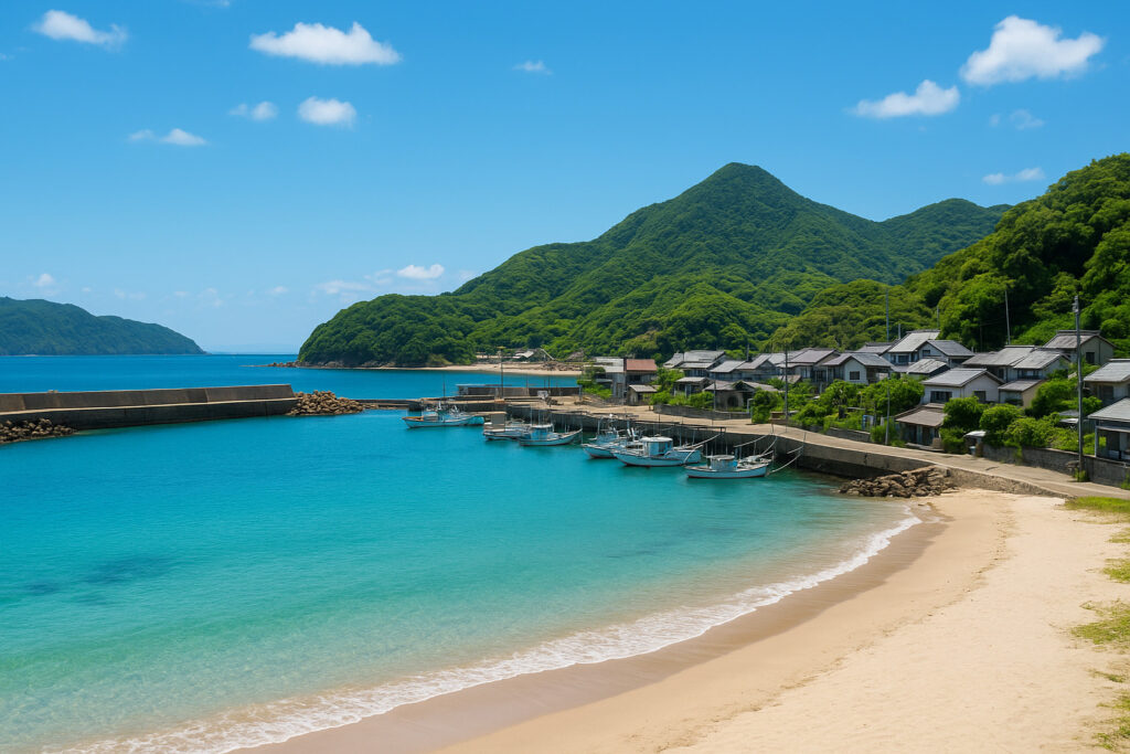 青い海と小さな港、砂浜、緑の山が広がる離島の晴れた風景。