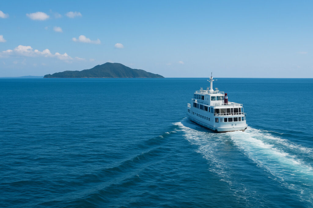 青い海を走るフェリーと、その後ろに伸びる白い航跡、遠くに島影が見える晴れた海の風景。