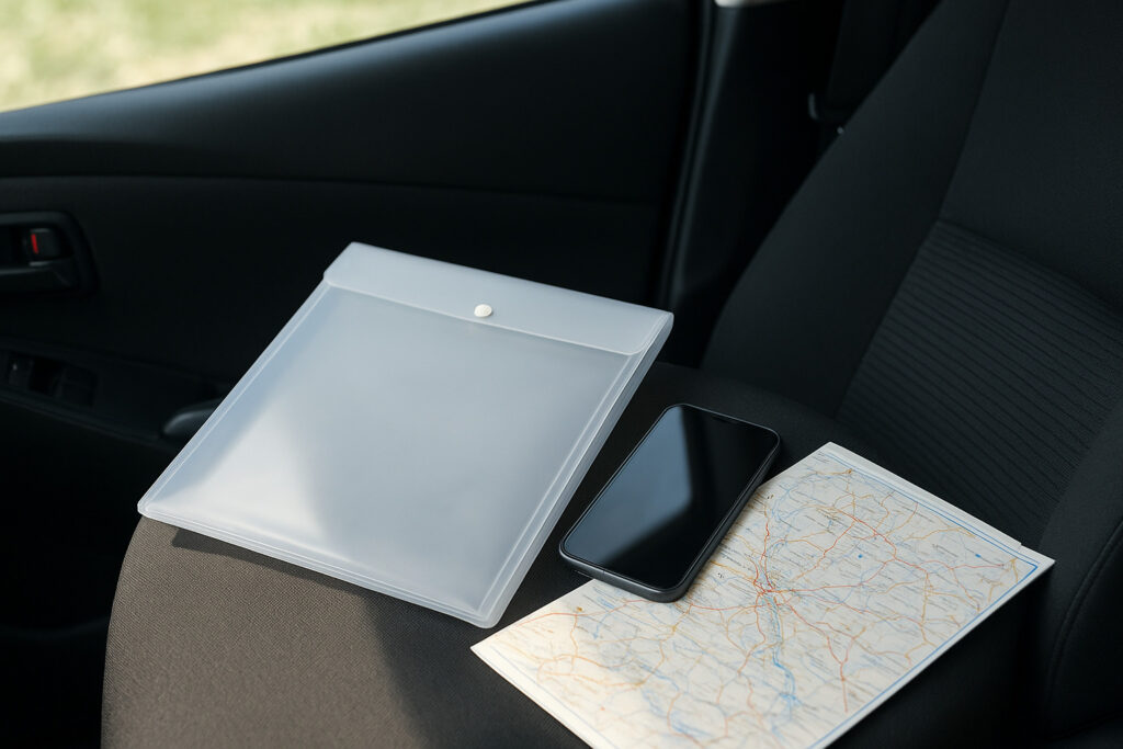 車の助手席に、ファイルケース・スマホ・ドライブマップが置かれている。