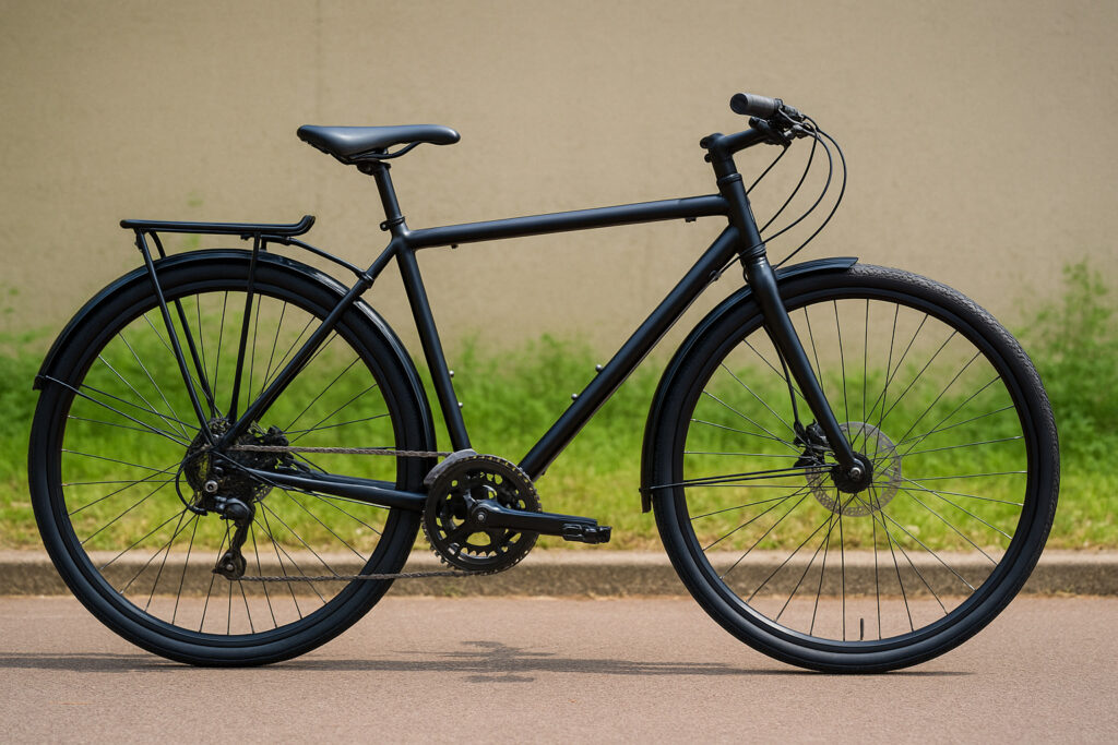 後ろにキャリアを取り付けたツーリング向けの自転車が、屋外で横から撮影されている写真。