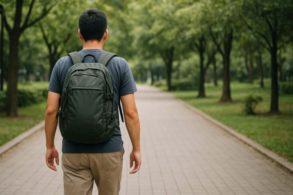 荷物を背負って公園の歩道を歩く男性の後ろ姿。徒歩旅の練習をしているイメージ。