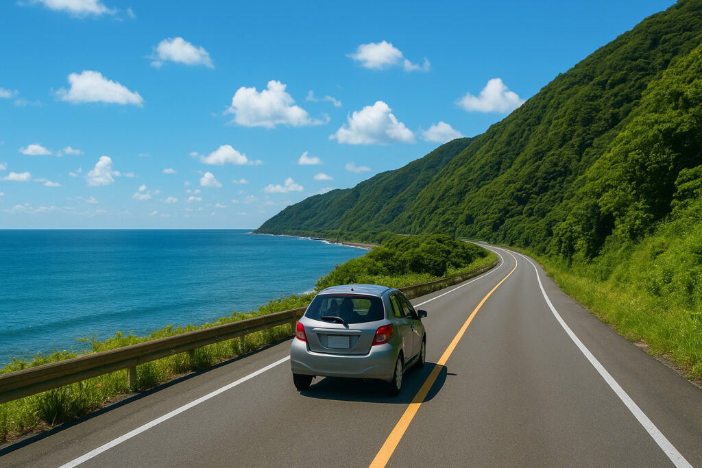 下道で日本一周の途中、海沿いを走る車の風景写真。青い海と山、晴れた空が広がる。