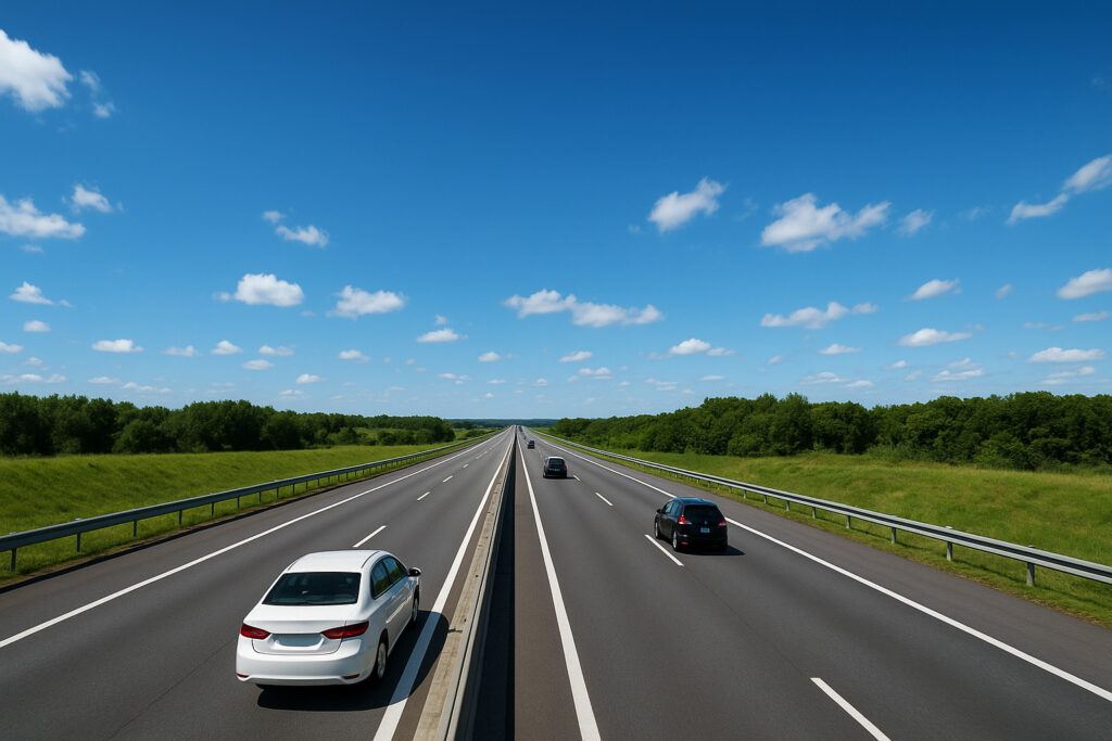 青空の下、まっすぐ伸びる高速道路を数台の車が走っている様子。日本一周を高速道路で旅するイメージ。