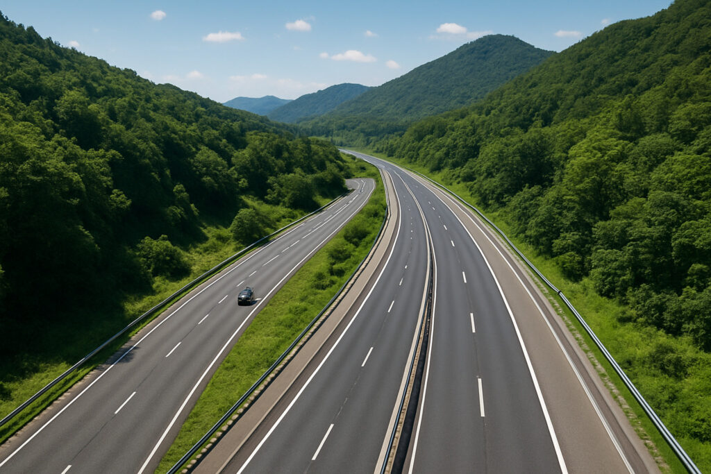 緑の山あいを背景に、下道と高速道路がゆるやかに合流していく様子を上空から撮影した風景。青空の下、自然の中を走る2本の道が穏やかに交わっている。