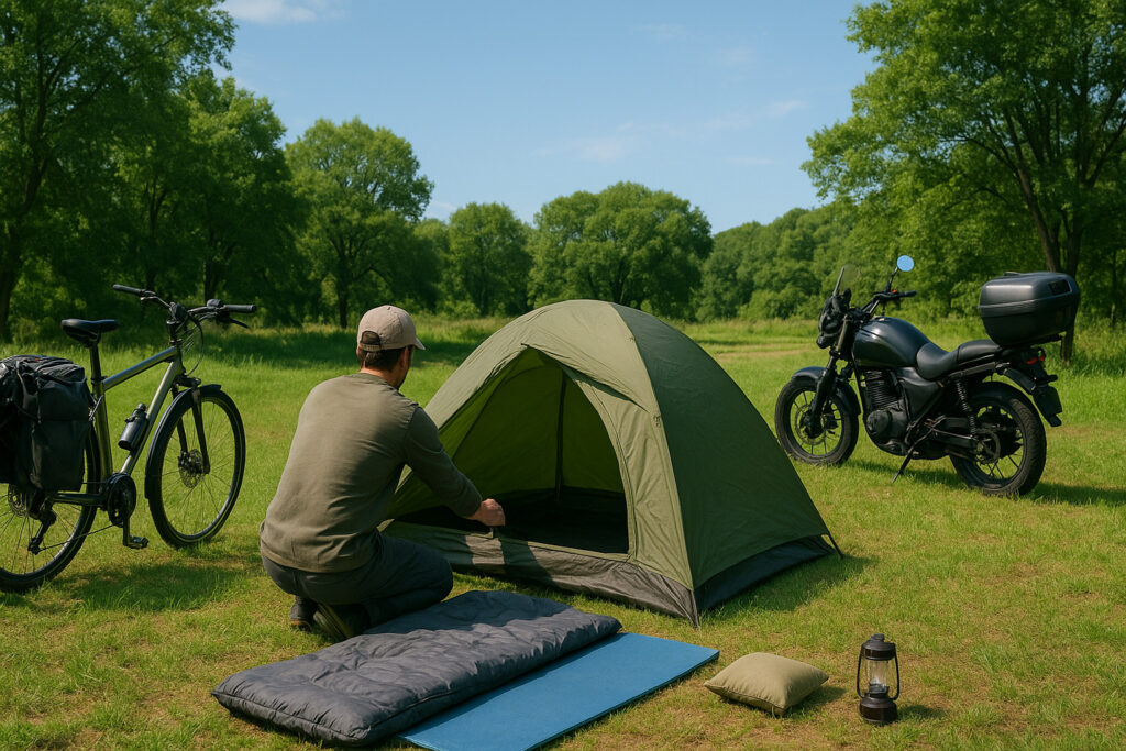 緑の多い自然の中で、帽子をかぶった旅人がテントを設営している。手前に荷物を積んだ自転車があり、少し離れた場所にバイクが停まっている。周囲には寝袋やマットが広げられ、晴れた昼間の穏やかな雰囲気が広がっている。