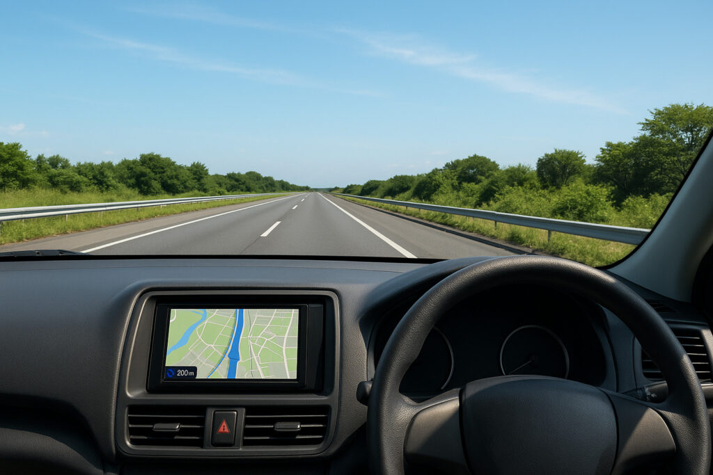 運転席から見た晴れた昼間の道路。ダッシュボードのカーナビにはルートが表示され、前方にはまっすぐな道と青空が広がっている。