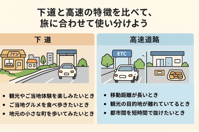 日本一周で下道と高速を使い分ける様子を比較した図。左側に下道の風景として海沿いの道や道の駅、右側に高速道路での移動シーンが描かれている。
