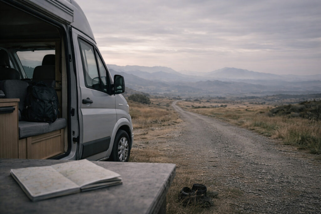 日本一周をしなかったまま残ったキャンピングカーと遠くへ続く道。