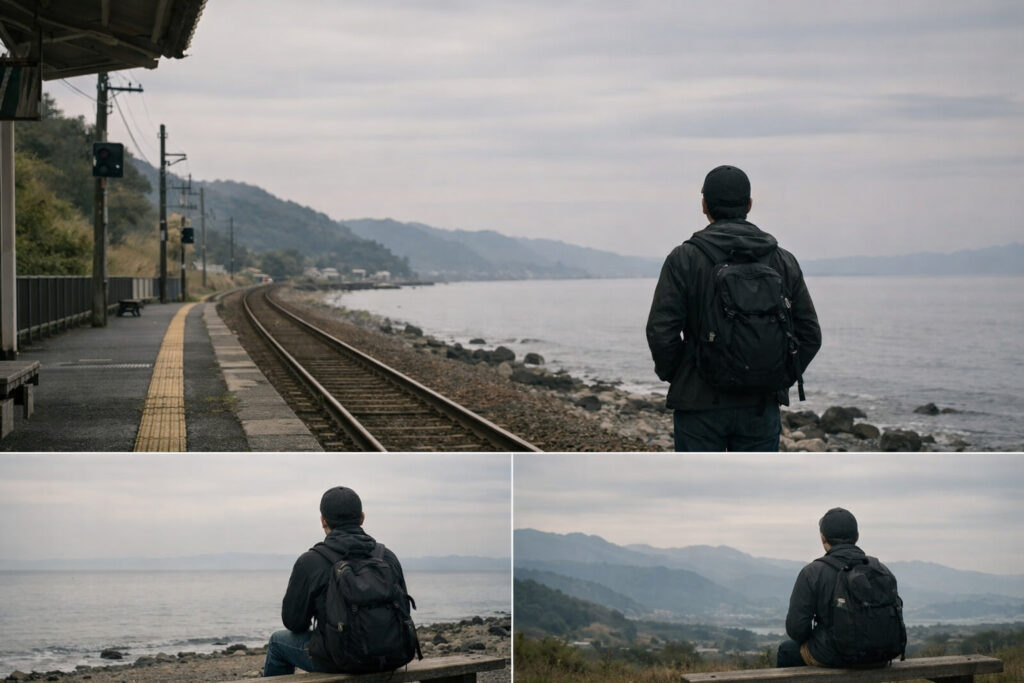 日本一周の旅を振り返るように、静かな海沿いの駅で立ち止まる一人旅の後ろ姿。