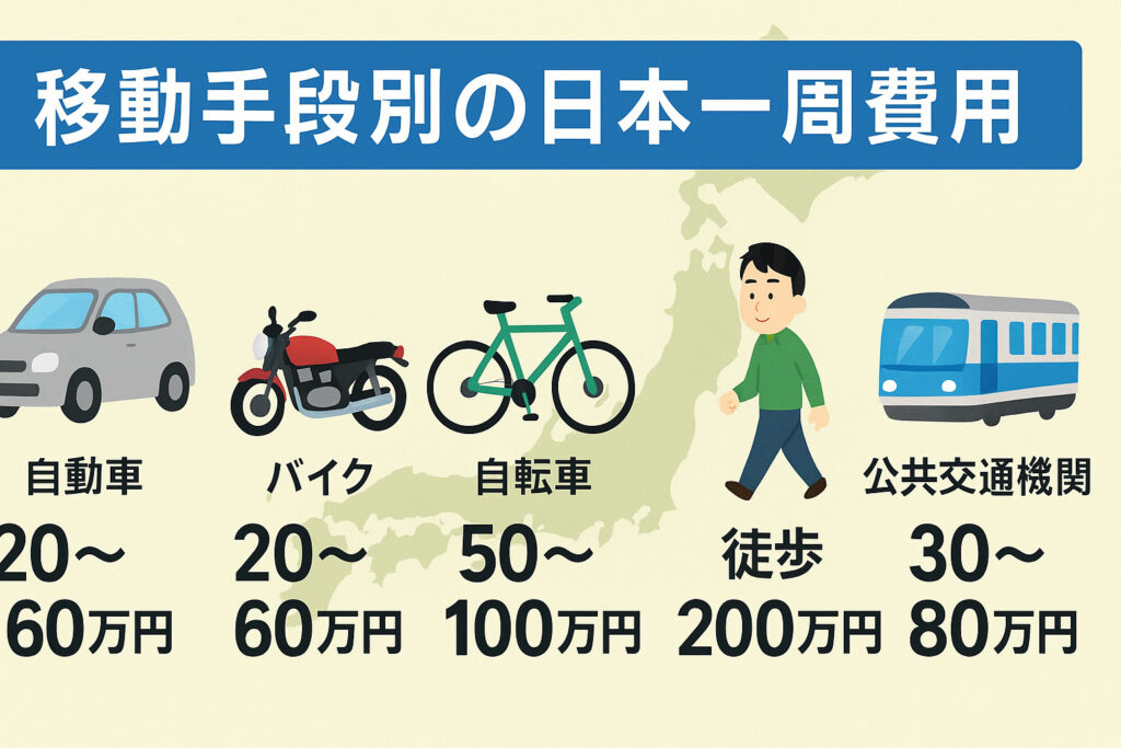 移動手段別の日本一周費用を示した図。自動車・バイク・自転車・徒歩・公共交通機関の費用目安が並んでいる。