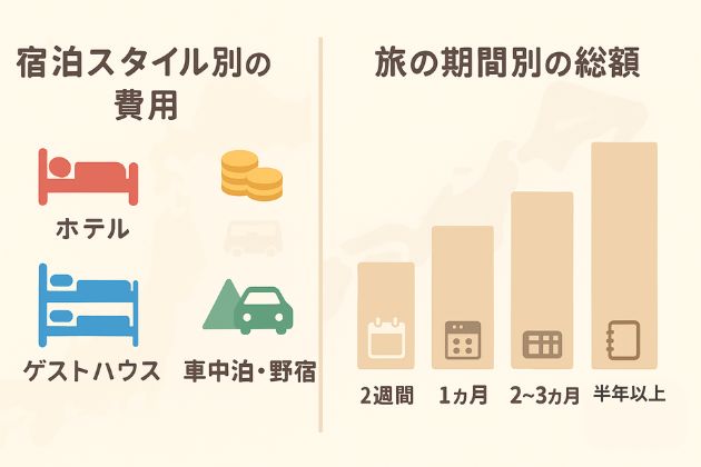 宿泊スタイル別の費用と旅の期間別の総額を比較する図。左側にホテル・ゲストハウス・車中泊のアイコン、右側に旅の期間(2週間・1カ月・2〜3カ月・半年以上)に応じた棒グラフが並んでいる。