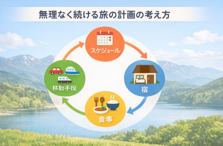 無理なく続ける日本一周の計画の考え方を、スケジュール・移動手段・宿・食事の4つでまとめた図解。