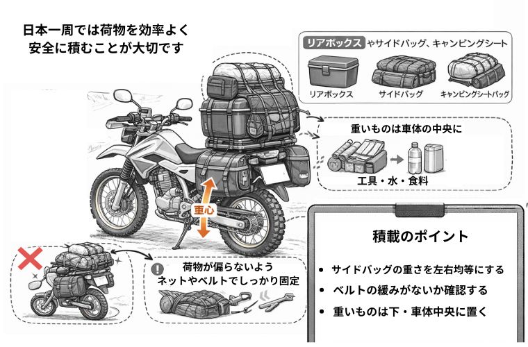 バイクにリアボックスやサイドバッグを装着し、重い荷物を中央に配置する積載方法を図解したイラスト。